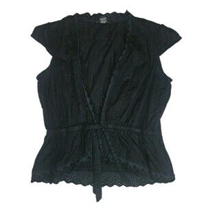 Y2k Women Black Baby Doll Cap Sleeve Casual Tie Front Top Size XL Eyelet Lace